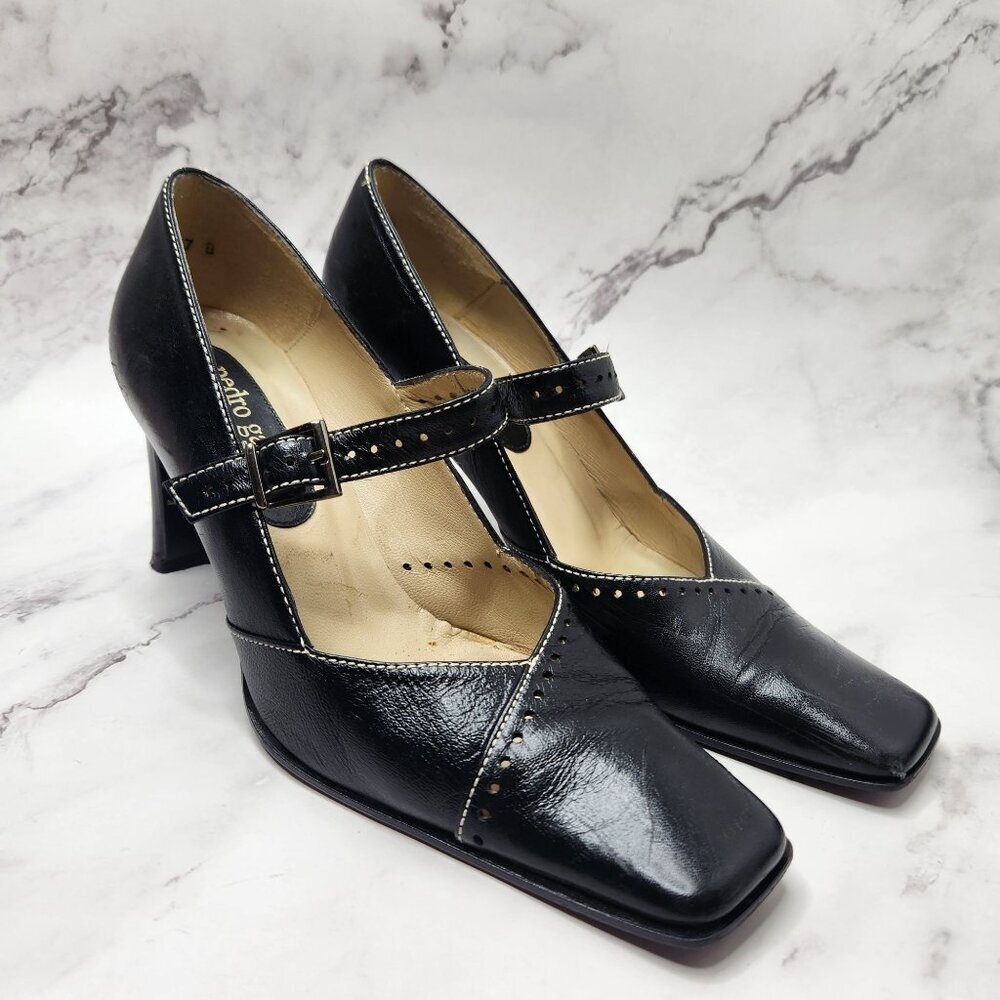 Pedro Garcia Black Leather Y2K Square Toe Block Wall Mary Jane Heels Size 7